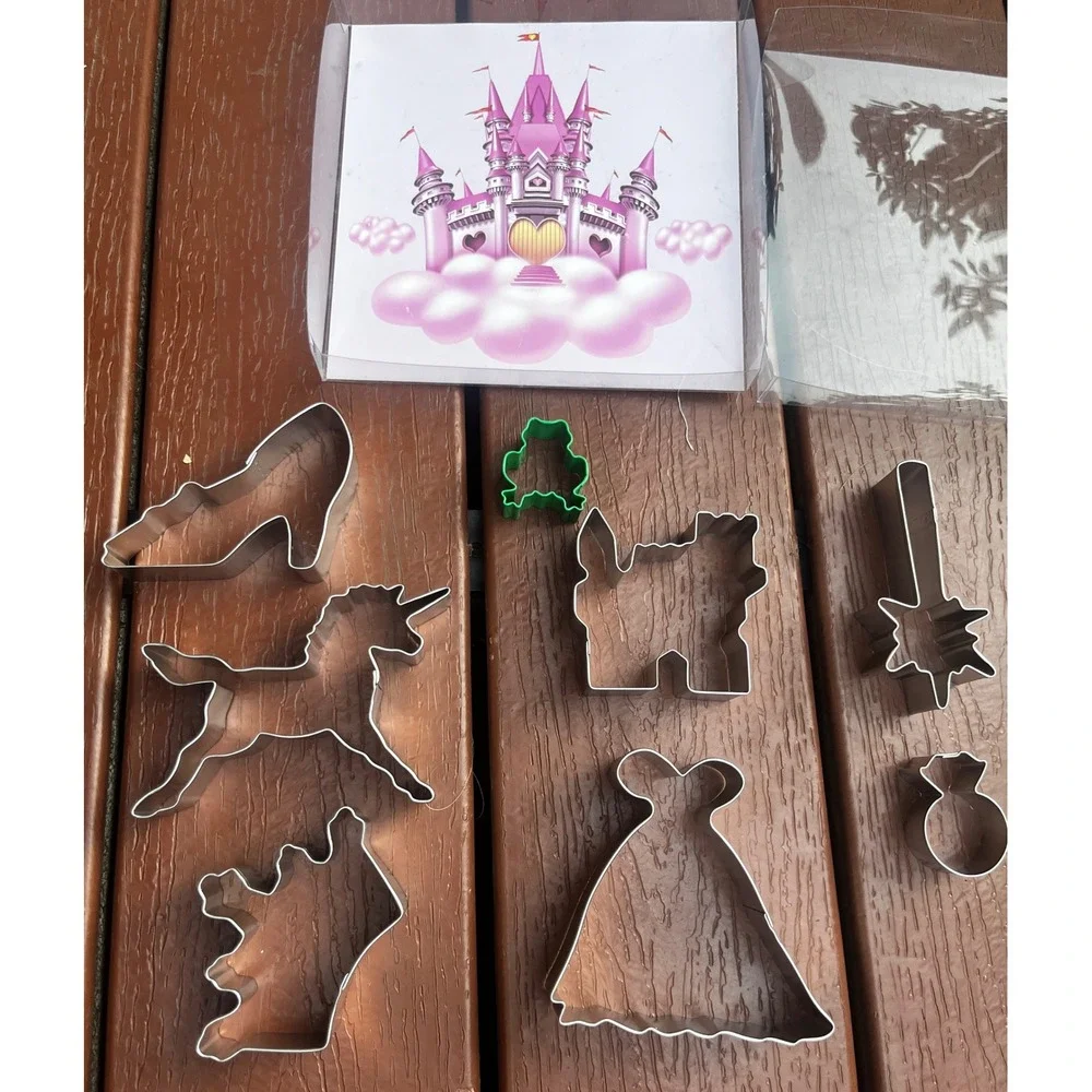 Princess Cookie Cutter Set Unicorn Castle Wand Gown Slipper 8 Piece Silver Green